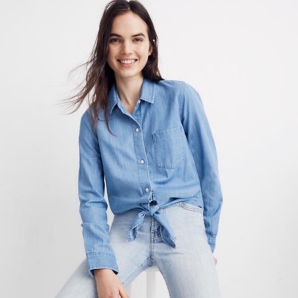 NWT Madewell Denim Button Down Shirt Front Tie Jean